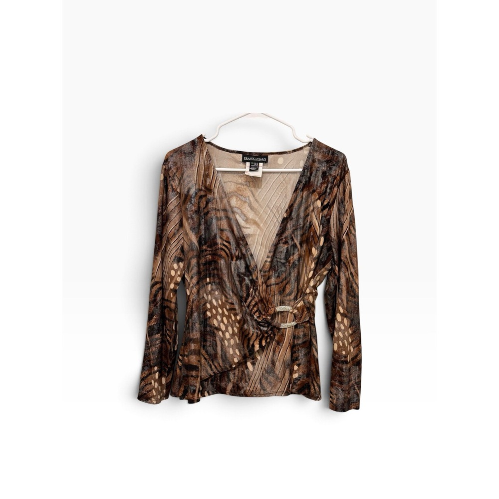 Frank Lyman Faux Wrap Animal Print Brown Blouse 14 Bambi Statement Artsy Unique